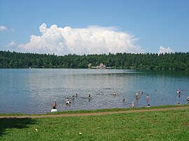 Beach at Lake Bouchet, with restaurant on the far side