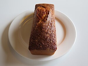 A pound cake that has been baked in a loaf pan.