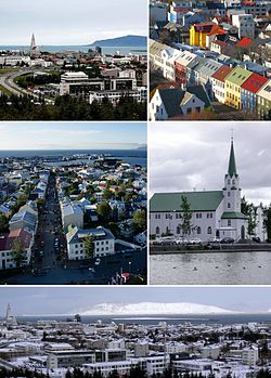 From upper left: Reykjavík from Perlan, rooftops from Hallgrímskirkja, Reykjavík from Hallgrímskirkja, Fríkirkjan, panorama from Perlan