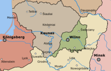 Grafische Karte von Litauen mit vier Regionen und den drei zentralen Orten Königsberg, Kaunas und Wilno.