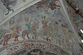 Mittelalterliches Fresko. Das Bild ist ein Ausschnitt aus dem Deckengemälde von 1065 der Kirche in Skibby auf Seeland in Dänemark und zeigt die Lebensfreude dreier junger Könige mit tigergescheckten Pferden, Jagdhunden und Falken und danach den Tod, dem sie entgegen reiten.
