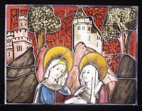 Detail of German panel (1444) of Visitation; pot metal, including white glass, black vitreous paint, yellow silver stain, and olive-green enamel. The plant patterns in the red sky are formed by scratching away black paint from the red glass before firing. Restored with new lead cames.