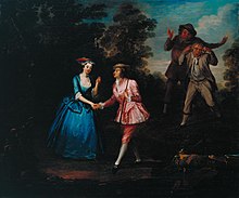 A woman meets a man in a sylvan scene. She wears a blue silk dress, and he—an actress dressed as a man—wears a pink silk jacket and breeches, with white stockings and silver-buckled shoes. They each solicitously clasp the other's right hand, while two rude men in more humble attire look on.