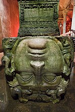 An ancient Roman carving of the Medusa, now a spolia in use as a column base in the Basilica Cistern