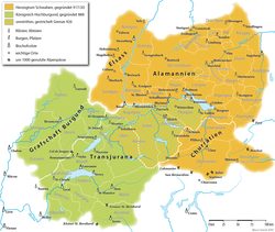 Map showing the territories of Upper Burgundy (green) and the Duchy of Swabia (orange)
