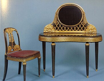 Dressing table and chair, a reinterpretation of the Louis XVI style; by Paul Follot; 1919; marble and encrusted, lacquered, and gilded wood; unknown dimensions; Musée d'Art Moderne de Paris