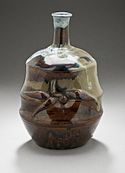 Bamboo-shaped sake bottle (tokkuri), stoneware with brown and white glazes, Edo period, late 17th-early 18th century