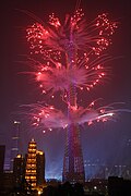 Red fireworks coming out from the Canton Tower during the 2010 Asian Games
