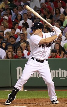 A man, wearing a white baseball uniform and dark blue batting helmet, prepares to bat left-handed.