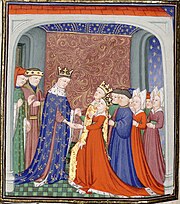 a colourful medieval depiction of two kings meeting in a courtly setting