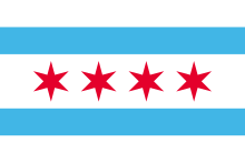 Five horizontal stripes, arranged from top to bottom white, blue, white, blue, and white. The middle white stripe is the widest, occupying roughly a third of the flag's height, while the other four stripes are roughly equal in width. There are four red six-pointed stars in the middle white stripe.