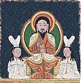 Reconstruction of the enthroned Jesus (Yišō) image on a Manichaean temple banner from c. 10th-century Qocho (East Central Asia)