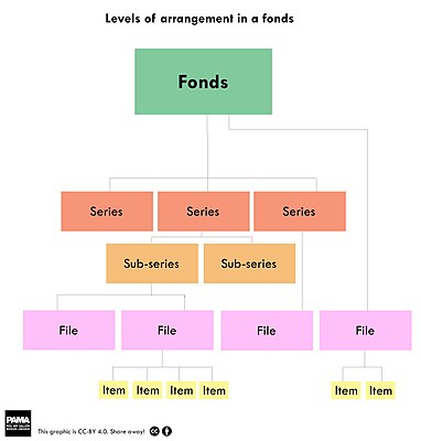 A diagram showing levels of arrangement in a fonds. Fonds may break down into series and subseries, then into files then into items.