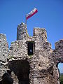 A tower of the Ogrodzieniec Castle with the Polish flag