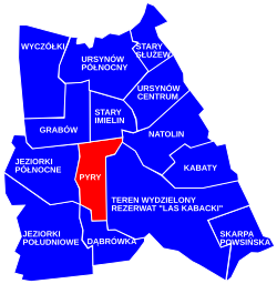 Location of the City Information System area of Pyry, within the district of Ursynów in Warsaw.