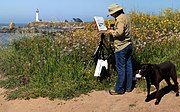 Artist working en plein air, using a Pochade box at Pigeon Point Lighthouse in California.