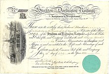 Aktie der Stockton and Darlington Railway Company, gedruckt auf Pergament, ausgegeben am 25. Juli 1823. Eine von nur drei in Privatbesitz befindlichen Gründeraktien der ersten Eisenbahngesellschaft der Welt, die eine mit Dampfkraft betriebene Lokomotive nutzte.