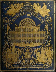 The cover of an old book title "THE CRYSTAL PALACE" showing in yellow or gold the Crystal Palace surrounded by allegorical figures. The background is dark green.