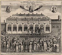 A black-and-white 17th-century image of a large crowd in front of an execution platform