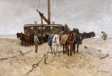 A large painting in desert sand colors of a fishing boat being dragged up a beach by a team of horses with men standing by.