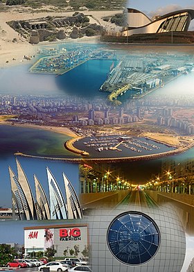 From top left: Minat al-Qal'a, Cultural Center, Aerial view of the port, View of the marina, Square of Candles, Ashdod at night, Big Fashion Store, Sculpture The eye of the sun.