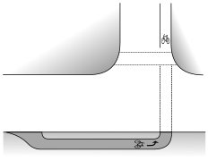 „Indirektes“ Linksabbiegen mit Hilfe eines „Auffangradwegs“ vor der Kreuzung rechts (grau)