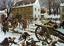 Color painting of a rural, snowy Revolutionary War battle scene involving cannon, horses, and muskets, with stone and wooden houses in the background