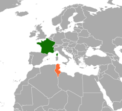 Map indicating locations of France and Tunisia