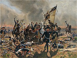 Painting of Frederick the Great carrying a banner marching at the head of a group of Prussian infantry at the Battle of Zorndorf