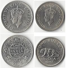 One rupee coins showing George VI, King-Emperor, 1940 (left) and just before India's independence in 1947 (right)[j]