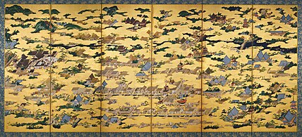 Rakuchū rakugai zu, a 16th-century depiction of central Kyoto including Gion Matsuri floats (center) and Kiyomizu-dera (upper right)