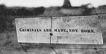 Sign that Kehoe made and left on a fence at his farm, black lettering on a white painted board – "Criminals are made, not born."
