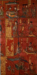 Women dressing in Swallow-tailed Hems and Flying Ribbons clothing, a lacquer painting over a four-panel wooden folding screen, 5th century