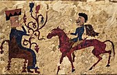 Decorated tapestry with seated goddess Tabiti and rider, Pazyryk Kurgan 5, Altai, Southern Russia c. 241 BC.[17]