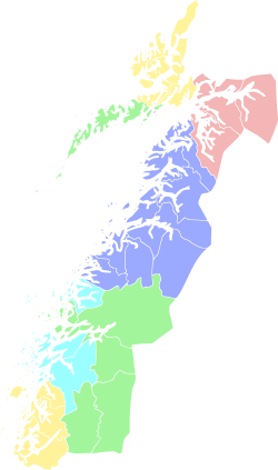 The light blue, yellow and green area in South of the map is the Helgeland district