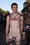 A plastic male / penised-person chastity cage worn at Folsom Street Fair