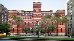 View of the Seventh Regiment Armory's facade from across Park Avenue in 2019