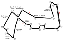 A map of Marina Bay, which runs anticlockwise and has 23 turns, with the pit lane located between turn 22 and turn 2