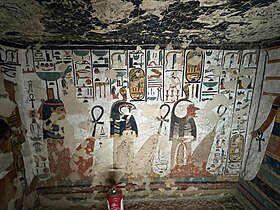 Qebehsenuef (center) and Hapy (right), depicted in the tomb of Nefertari (QV66), c. 1250 BC
