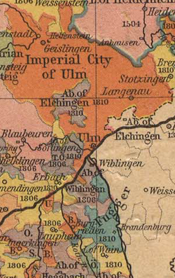 Map of Württemberg before the French Revolutionary Wars, showing the Free Imperial City of Ulm, separating the two parts of the Imperial Abbey of Elchingen, with the Danube shown running through the centre of the image.