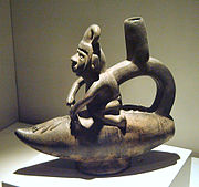 Chimú stirrup spout vessel representing a fisherman on a caballito de totora, 1100–1400 CE