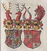 Wappen des Johann Werner von Zimmern des Jüngeren und der Katharina von Erbach, die als Tochter des Schenken Valentin, Herr zu Erbach und Bickenbach (1466–1503) das nur kurzzeitig verwendete gemehrte Wappen der Herren von Erbach und Bickenbach führte.