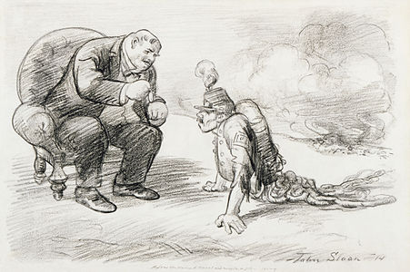 "After the war a medal and maybe a job", political cartoon from 1914