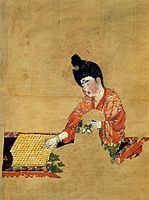 Painting of a woman playing Go, from the Astana Graves. Tang dynasty, c. 744 CE.