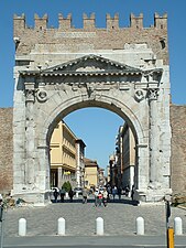 Roman pediment of the Arch of Augustus, Rimini, 27 BC