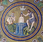 Arian Baptistry, Ravenna, 6th-century mosaic. A classical personification of the Jordan attends at left.