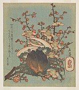 Benkei crab and plum blossom. Surimono by Yashima Gakutei with poems signed Bunbunsha, c.1823