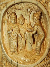 Magadh King welcoming Buddha: Buddha found patronage in emperor Bimbisāra. The emperor accepted Buddhism as his personal faith and allowed the establishment of many Buddhist vihāras. This eventually led to the renaming of the entire region as Bihār.[8]
