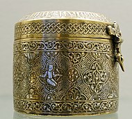 Room 34 - Cylindrical lidded box with an Arabic inscription recording its manufacture for the ruler of Mosul, Badr al-Din Lu'lu', Iraq, c. 1233 – 1259 AD