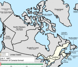 When Canada was formed in 1867 its provinces were a relatively narrow strip in the southeast, with vast territories in the interior. It grew by adding British Columbia in 1871, Prince Edward Island in 1873, the British Arctic Islands in 1880, and Newfoundland in 1949. Meanwhile, its provinces grew both in size and number at the expense of its territories.